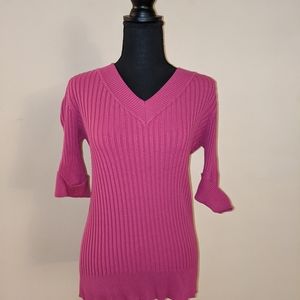 Women's Say What Pink L Quarter Length Sleeve V-Neck Sweater